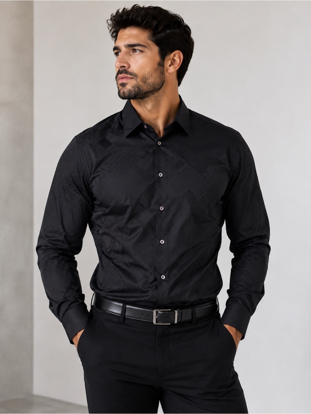 Bugatchi Uomo XL Black Shaped Fit Dress Shirt Textured Jacquard Button Front